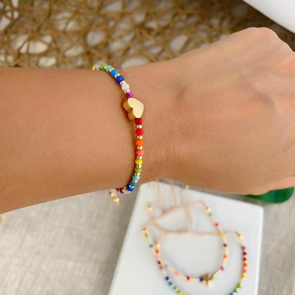 18K Gold Plated Heart Charm Rainbow Crystal Beaded Hand Rope Bracelet Simple European American Style Girls