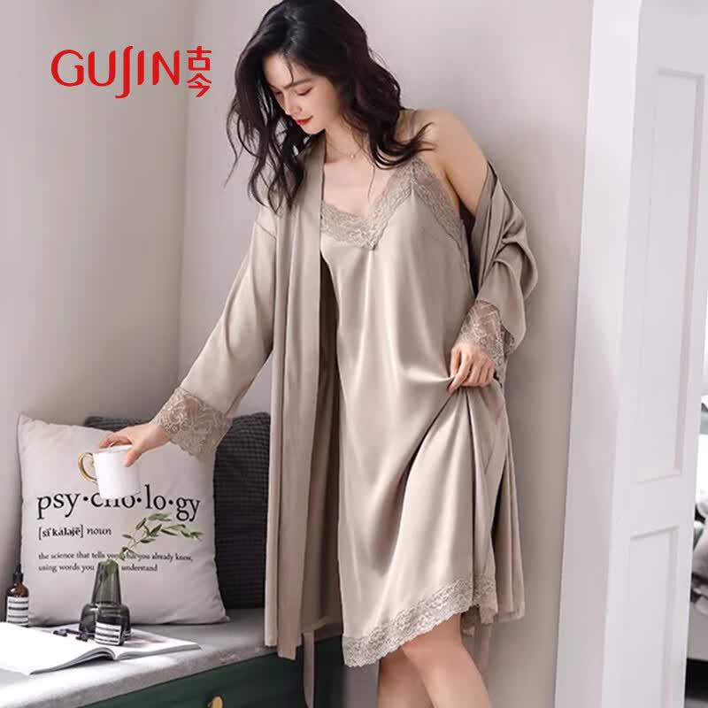 GUJIN Women s Ice Silk Lace Sleepwear  Robe Set with Chest Pads L