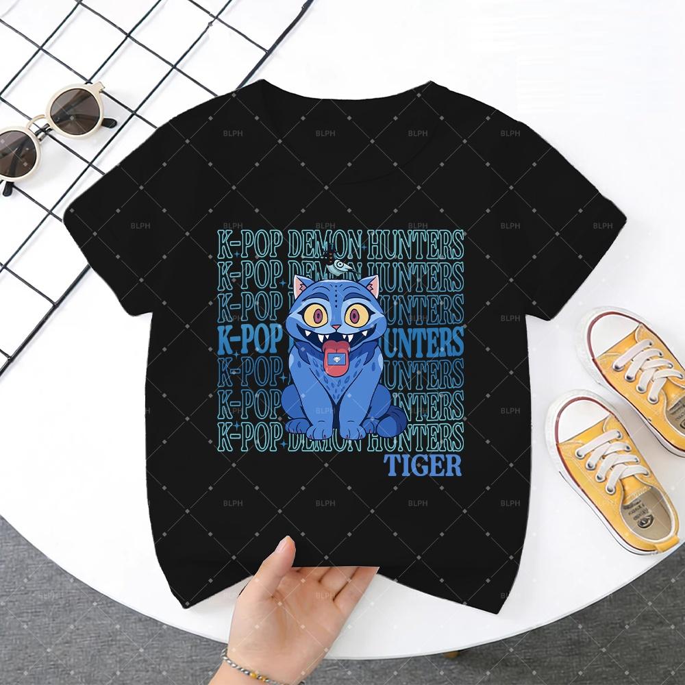 KPop Demon Hunter Cute Blue Cat with Bird Pattern Children's T-Shirt Fashionable Casual for Boys and Girls