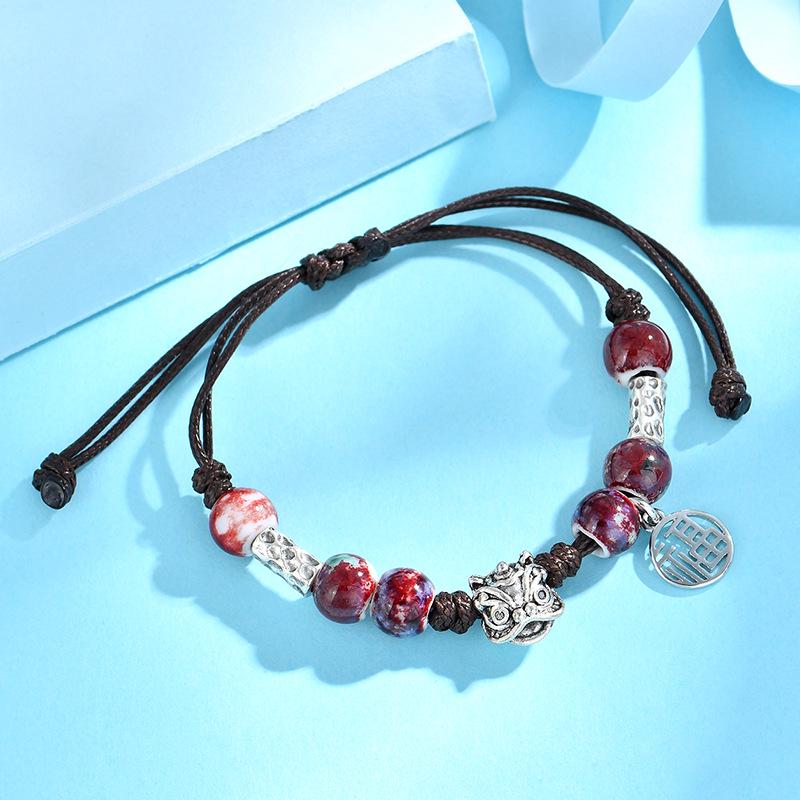 

Винтажный керамический браслет с бусинами - Женский браслет ручной работы из плетеного шнура бренда Lion Fu, унисекс украшение для пар и студентов.