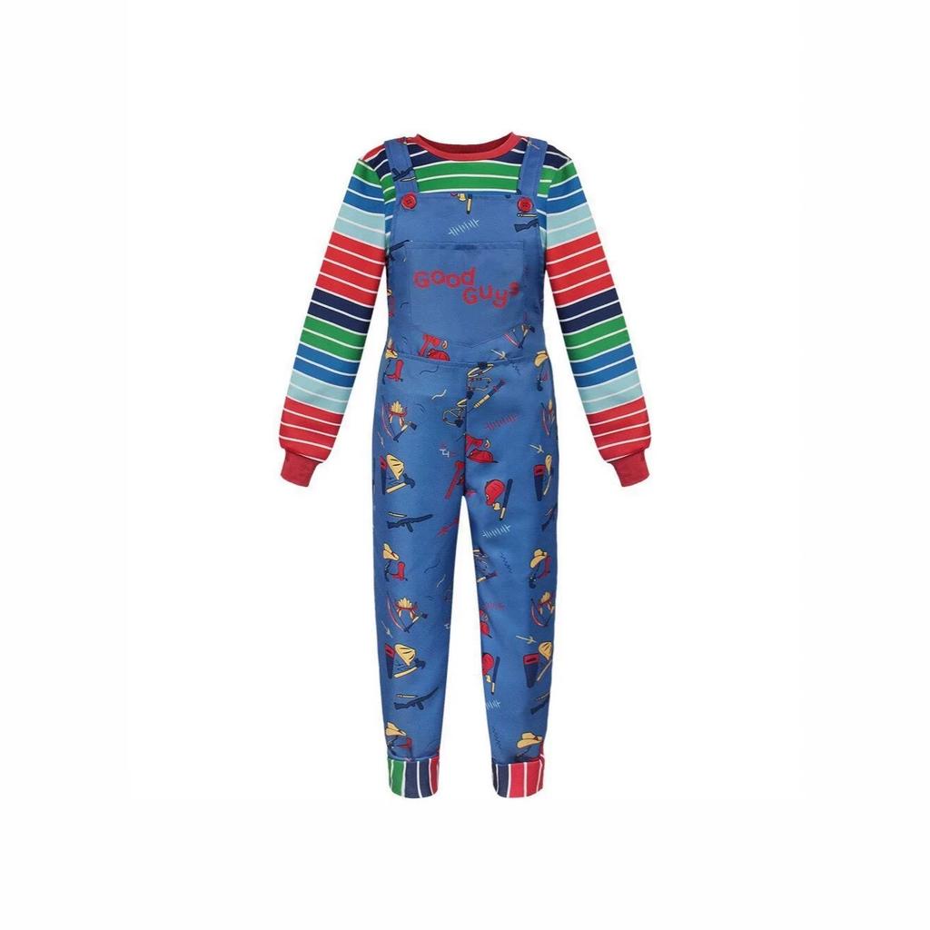 Costume da Bambola Film Horror per Adulti Colorato Top a Strisce Tuta Vestito Costume Giocattolo Spaventoso Retrò Outfit a Tema per Festa di Halloween