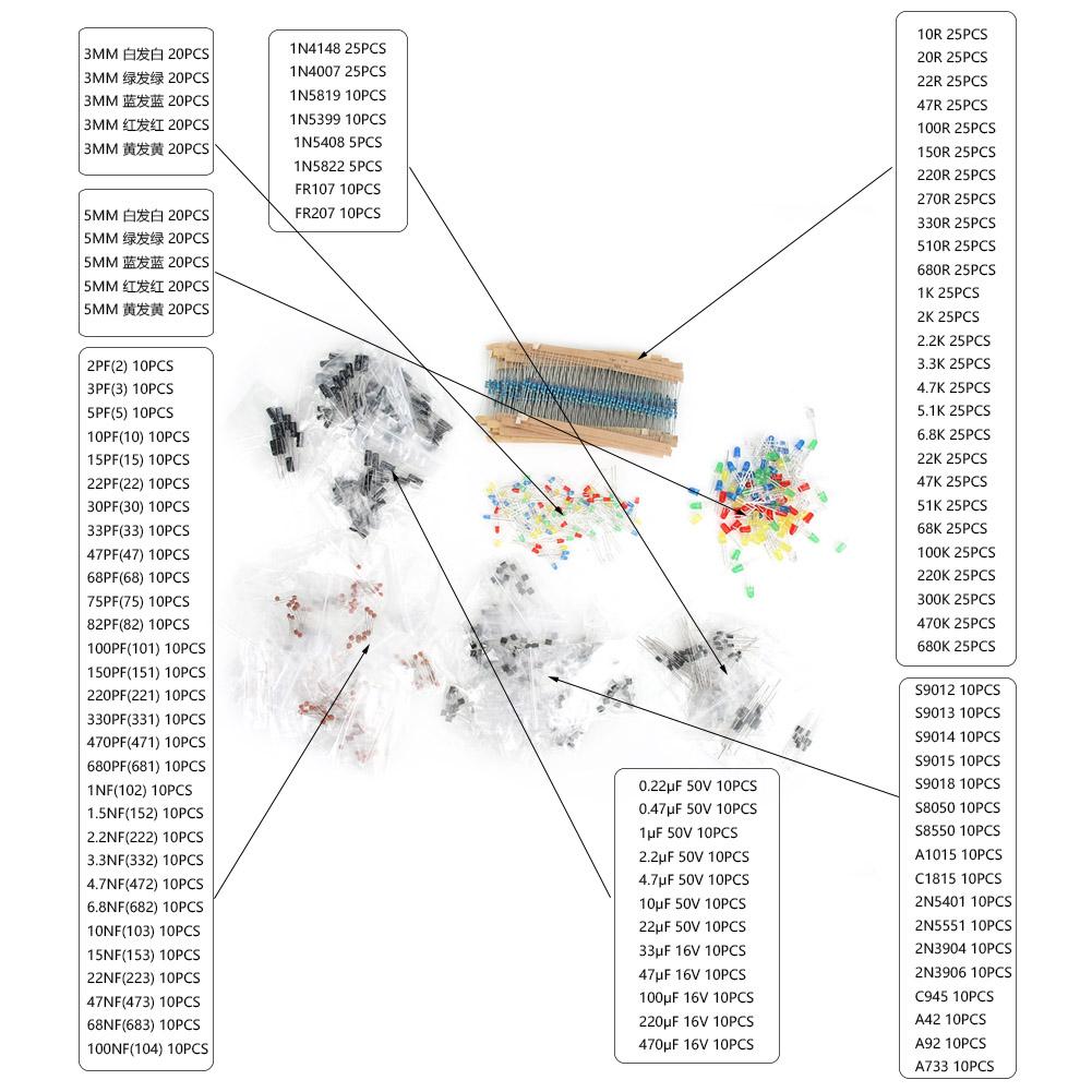 1565PCS Electronic Component Assorted Kit Capacitor LED Diode Transistor 14W Resistor
