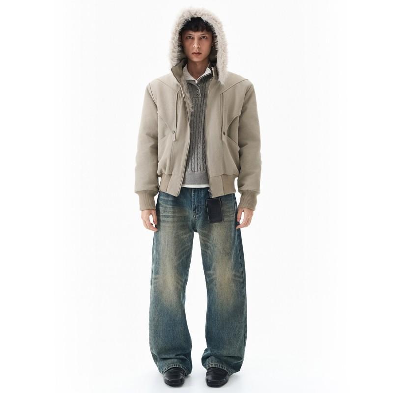 Winter Thick Cotton Coat With Fur Hood Men Loose Fit Solid Color Warm Outdoor Jacket