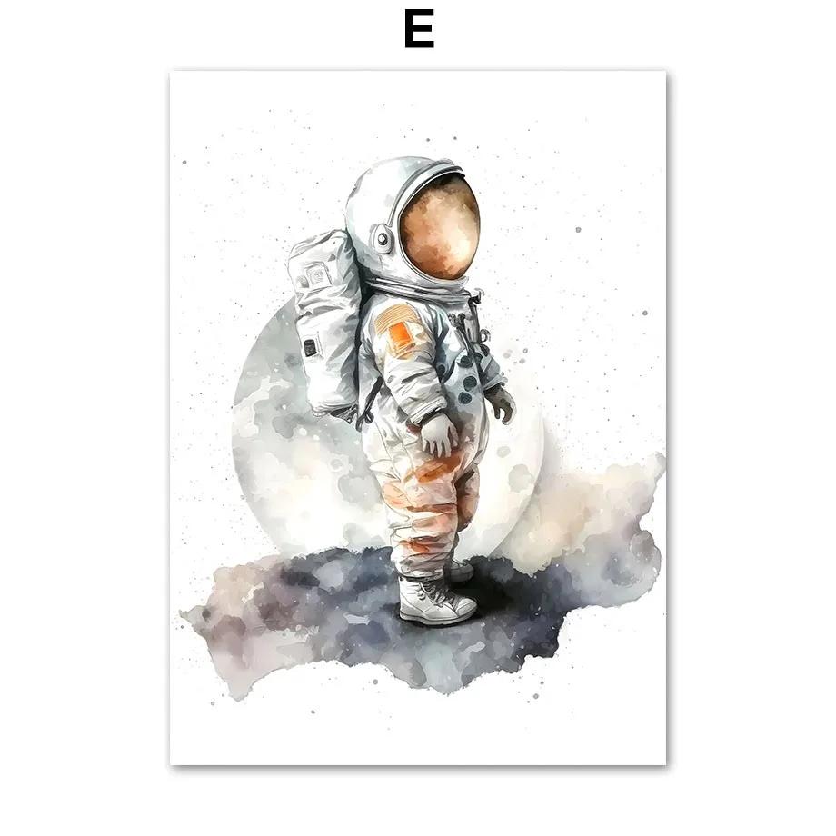 Acuarelă Astronaut Navă Spațială Rachetă Planeta Spațială Artă de Perete pentru Cameră Copii Pictură pe Pânză Imprimare Postere Imagini Pentru Decor Cameră Copii