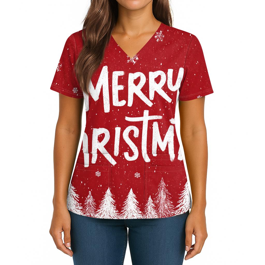 Women's Christmas Print V-Neck Double Pocket Short Sleeves Hem Slit  Uniform And Caregiver Top