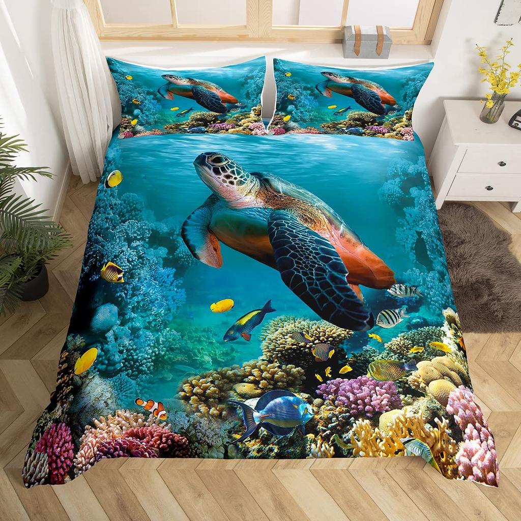 Sea Turtle Duvet Cover Set King Size Watercolor Tortoise Butterfly Comforter Cover for Boys Girly Dreaming Style Bedding Set