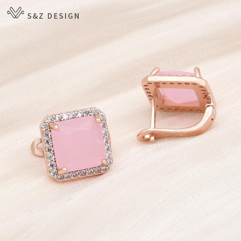 Fashion Square Pink Crystal Drop Earrings For Women Trendy Jewelry Rose Gold Color Wax Inlay Cubic Zirconia Eardrop