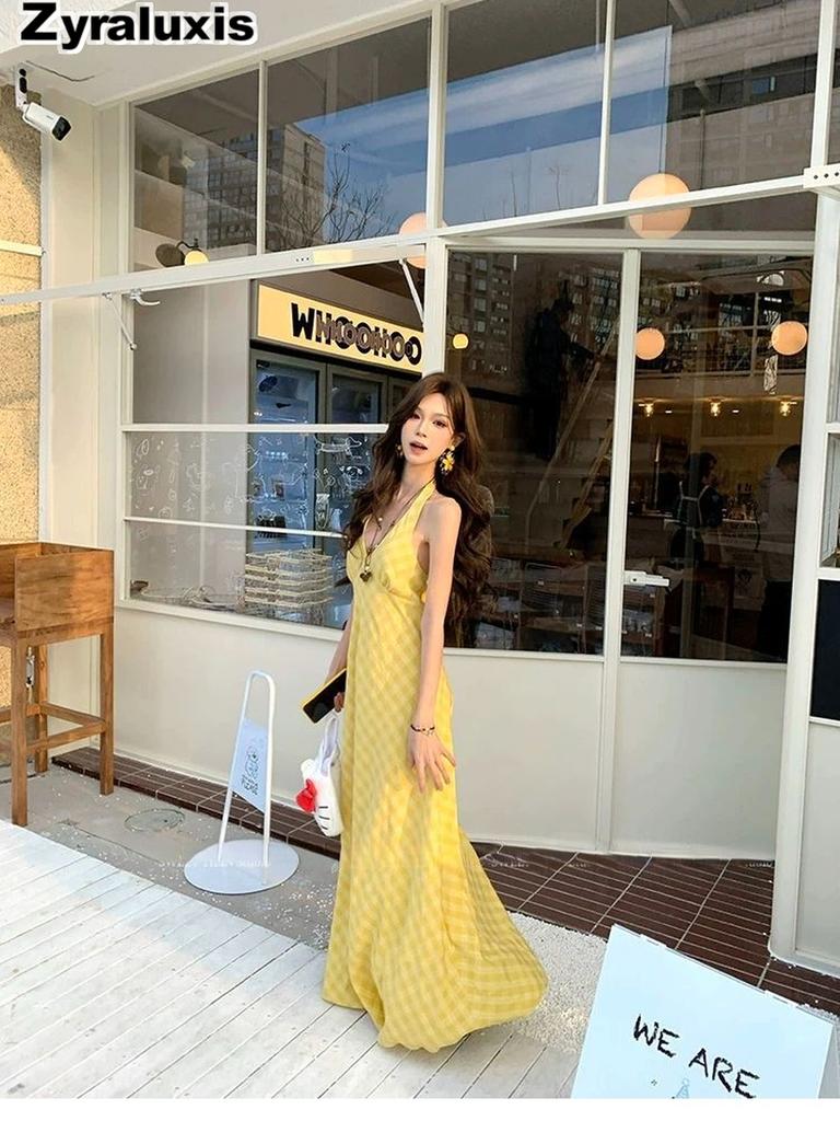 Romantic French V-Neck Vest Dress for Women, Trendy Thai Hainan Sanya Beach Summer Vacation Style Maxi Dress