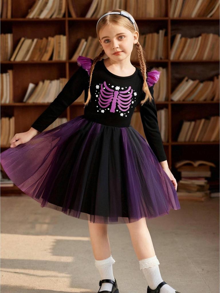 Vestido de Malha Preto e Roxo de Manga Longa com Asas para Meninas - Estilo Festa à Fantasia de Halloween
