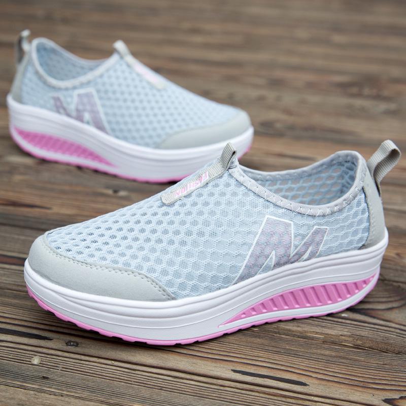 Sneakers for Women Summer Wedge Rocking Shoes Breathable Mesh Casual Shoes Thick Soled Women's Shoes Slip on Lazy Shoes