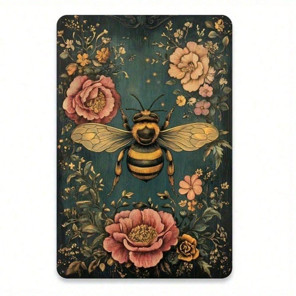 Vintage Floral Bee Gold Dark Green Metal Poster Wall Art for Garage