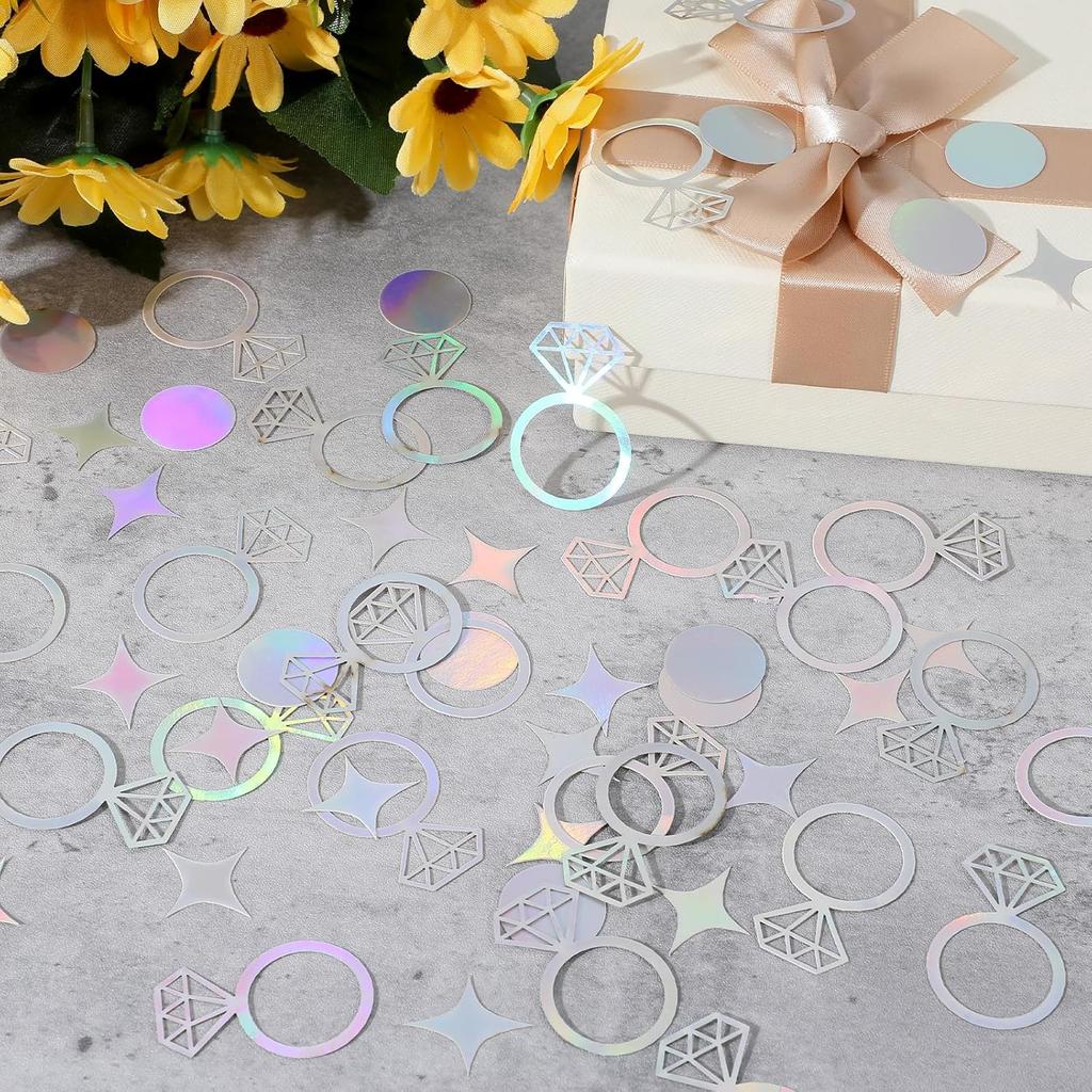 200Pcs Iridescent Birthday Party Confetti, Bachelorette Party Table Confetti Bride Diamond and Ring Shape Paper Confettis for Engagement
