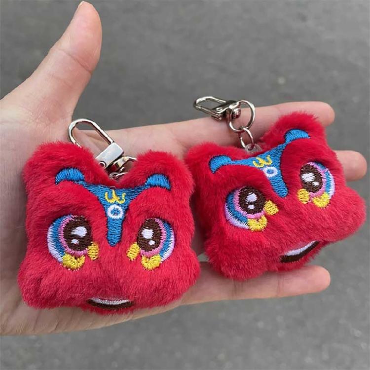 Chinese Lion Keychain Plush Lion Dance Keyring for Car Keys Backpack Ornament