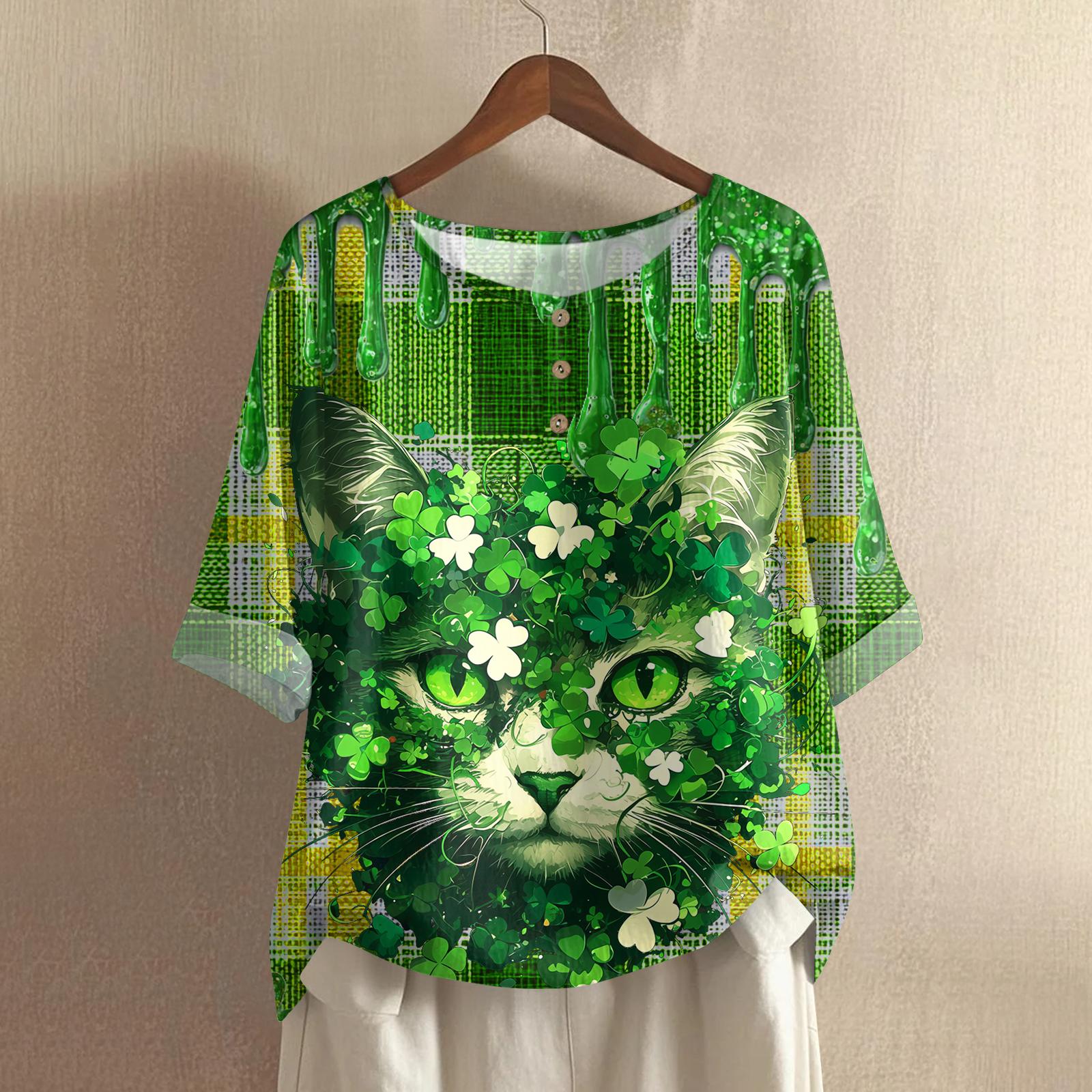 

Women s Casual And Comfortable Mid-Length Round-Neck Fashion Print Cotton-Linen Top S зелёный