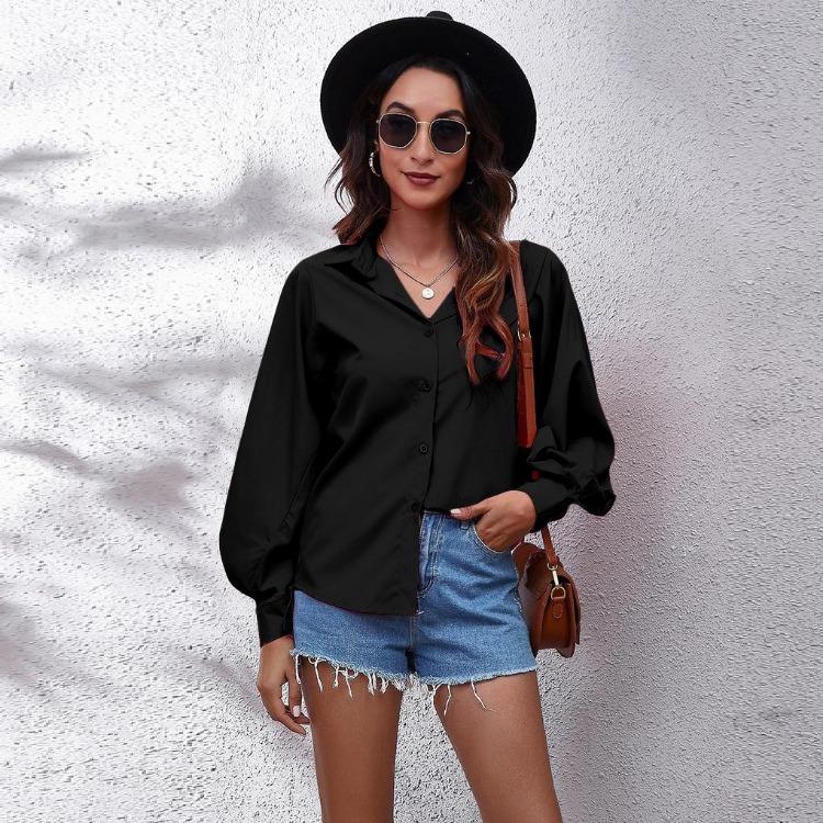 New Women Long Sleeve Blouse Button Down Collar Blouson Sleeve Shirt Solid Color Business Casual Tops Office Work Clothes Daily Wear Fashion S XL