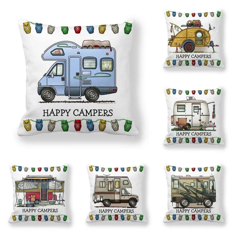 45X45Cm Happy Campers Owl Motorhome Print Pillow Case Soft Polyester Sofa Car Seat/Back Cushion Cover For Home Decor Pillowcases