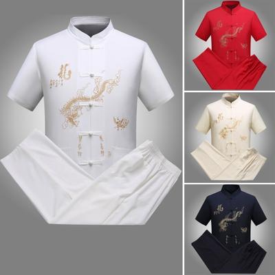 2 ks/sada Muži Košile Kalhoty Suit Čínský styl Tanga Ranní Cvičení Cvičení Tachi