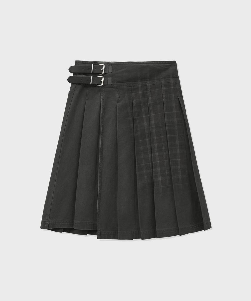 Fortena Vintage Check Wrap Pleats Skirt-Khaki