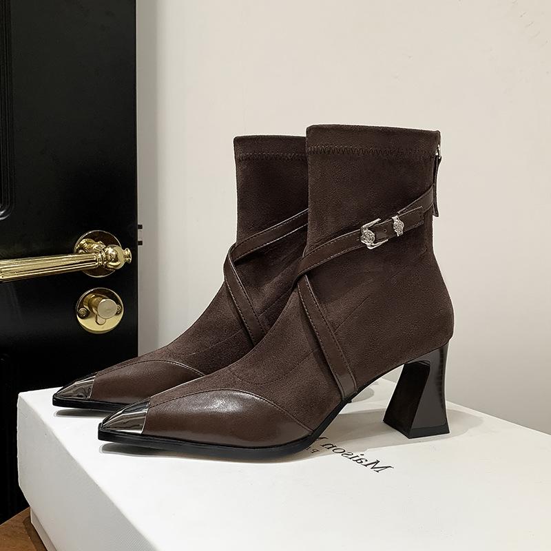 205 autumn and winter new pointed thin small short boots British style fashion versatile thick heel one pedal high heel thin boots