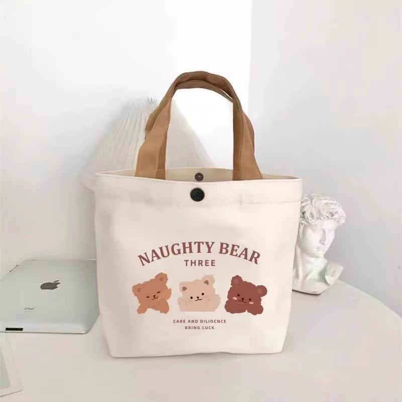 Versatile Women's Printed Bear Canvas Tote - Student & Work Handbag/Lunch Bag