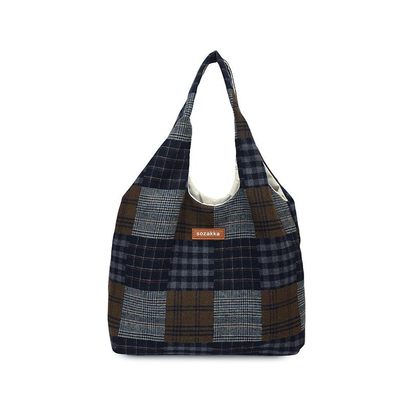 

Vintage Shoulder Bag Women s Lightweight Large Capacity Crossbody Bag Geometric Stitching Plaid Tote Bag синій