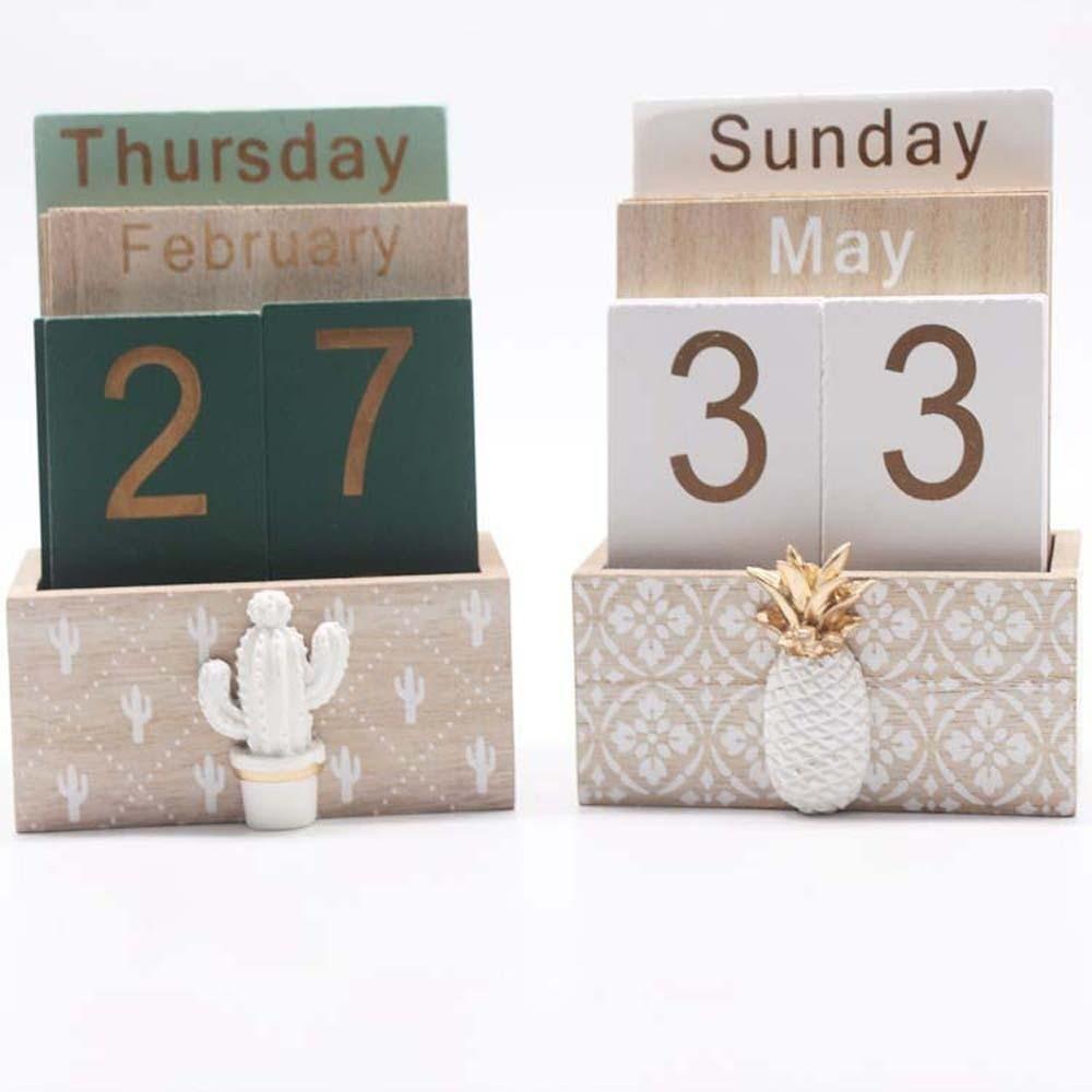 Pineapple Wooden Perpetual Calendar Cactus Date Display Ornament Desk Calendar Ornament  Office