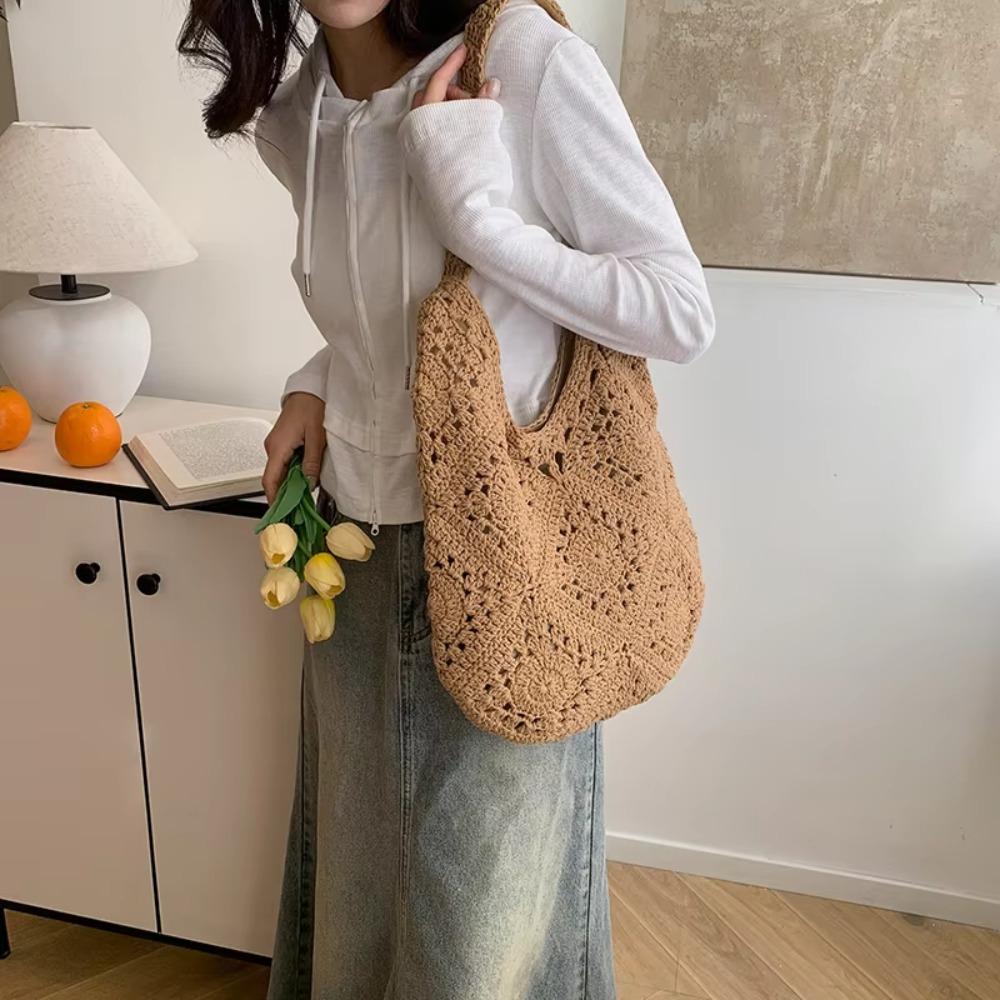 Lazy Style Crochet Shoulder Bag Large Capacity Tote Bag Trendy Women Straw Woven Bag  Ladies