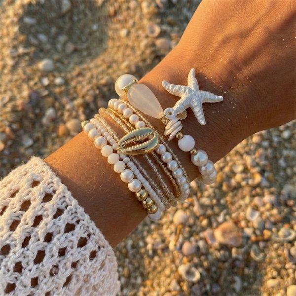 Boho-Mehrlagen-Perlenarmband-Set für Damen Sommer Ozean Strand Seestern Muschel Anhänger Elastische Armreifen Urlaubs Schmuck