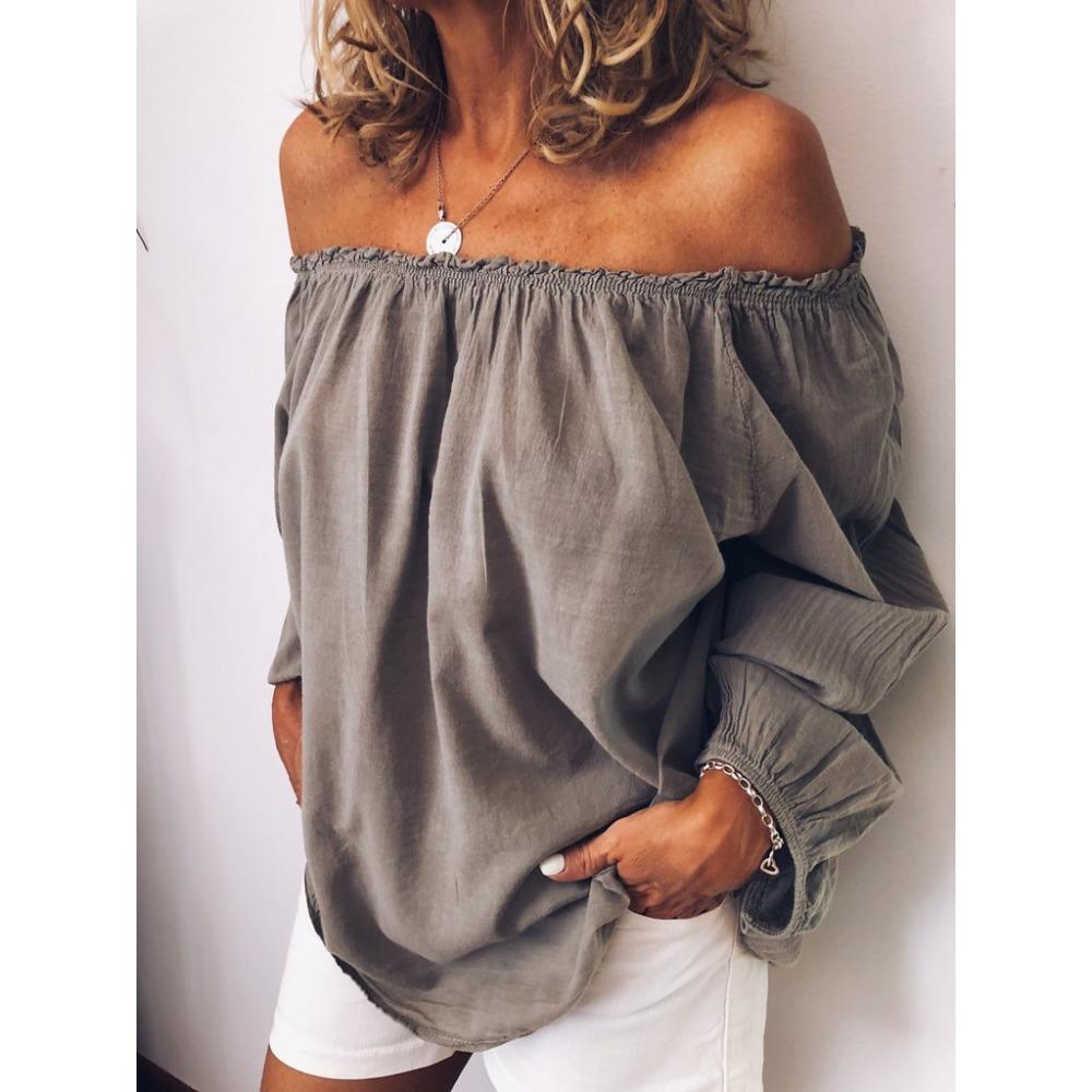 Women's Off Shoulder Long Sleeve Blouse Loose Fit Ruffle Elastic Neck Solid Color Linen Top For Spring Autumn