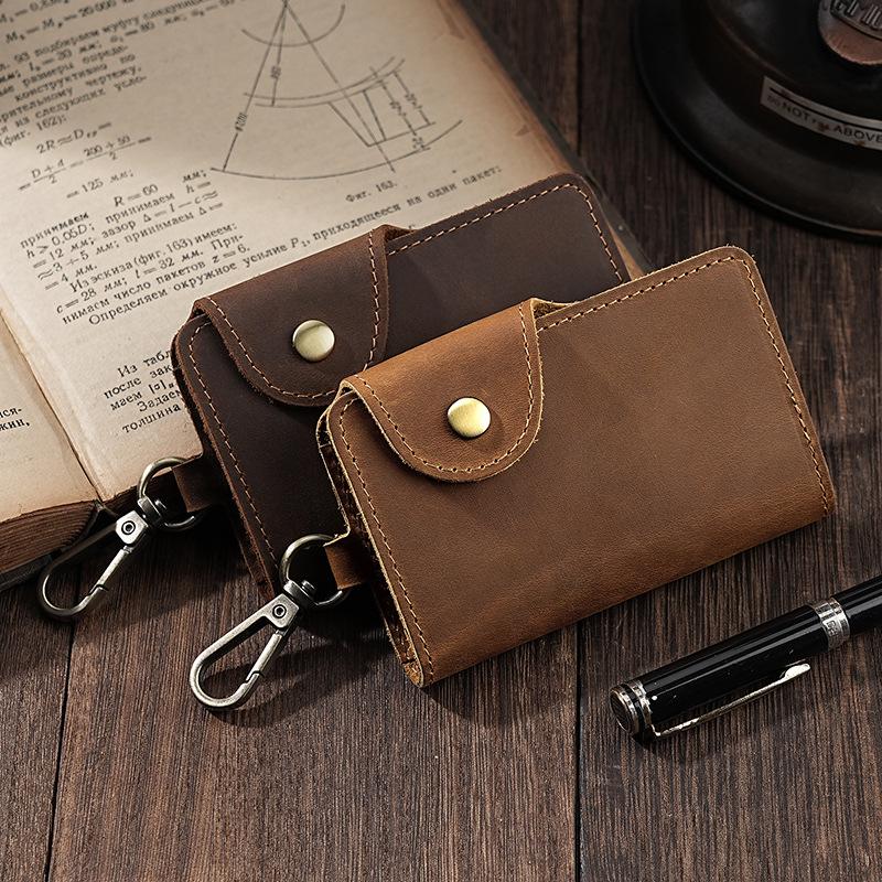 Retro Crazy Horse Leather Key Holder - Men's Genuine Leather Waist Pouch, Access Card Key Cover, Home Key Storage Bag.