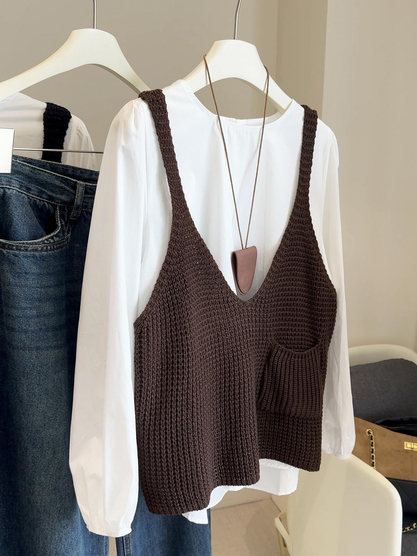 

Korean Knitted Camisole & Puff Sleeve Shirt Two-Piece Set for Women - 2025 Autumn Collection One Size білий/кавовий