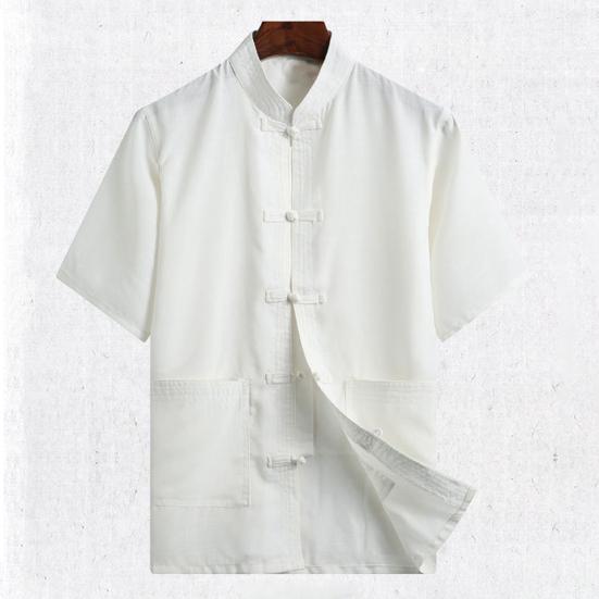 Father Summer Top Solid Color Short Sleeve Buckle Chinese Style Stand Collar Daily Wear Single-breasted Chinese Wear Tai Chi Clothing Male Clothes