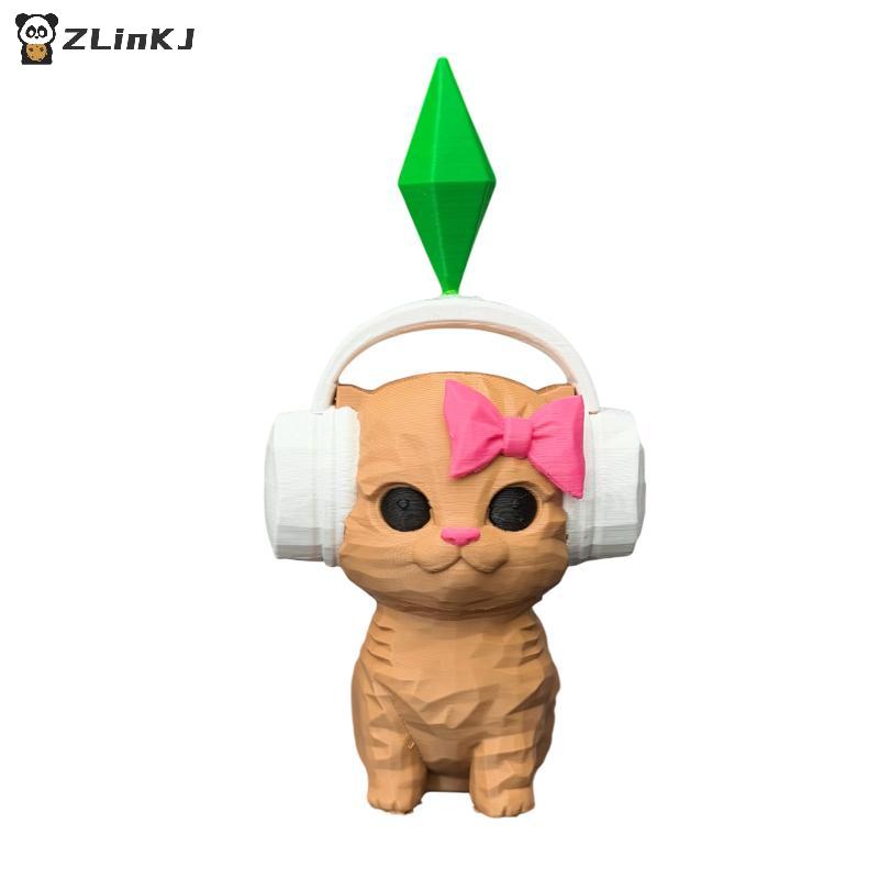 3D Printed Dancing Cat Headphones Statue Modern Cat Ornament for Desk Living Room Creative Gift for Pet Lovers Home Decor