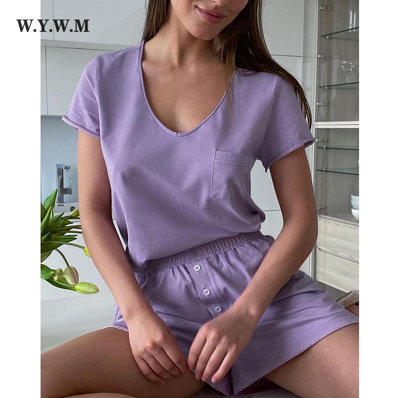 

WYWM летний комплект из 100% хлопка, женский повседневный топ с короткими рукавами и шорты с эластичной резинкой на талии, однотонная одежда, женский мягкий спортивный костюм 2023