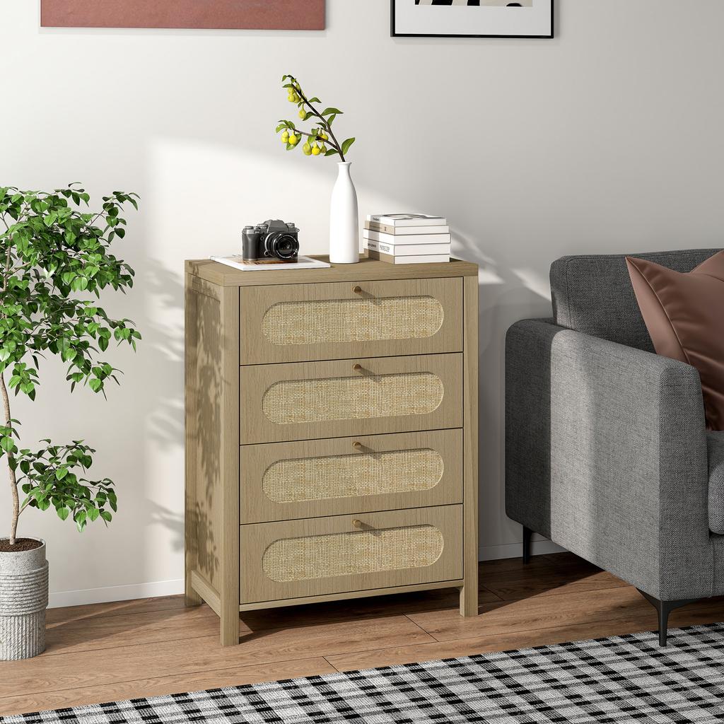 Ladekast met 4 lades, opbergmeubel in bohemienstijl met deuren van gevlochten hars, 70 x 38 x 93 cm, effect van natuurlijk hout