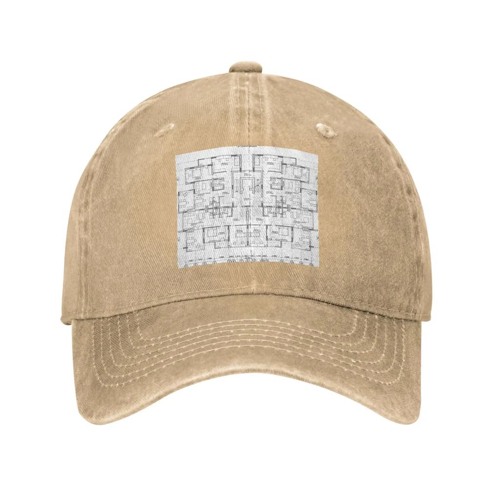 Architectural One Story Private House Blueprints and Drawings Denim Fabric Cap Baseball Caps Hat Summer Unisex Baseball Hats