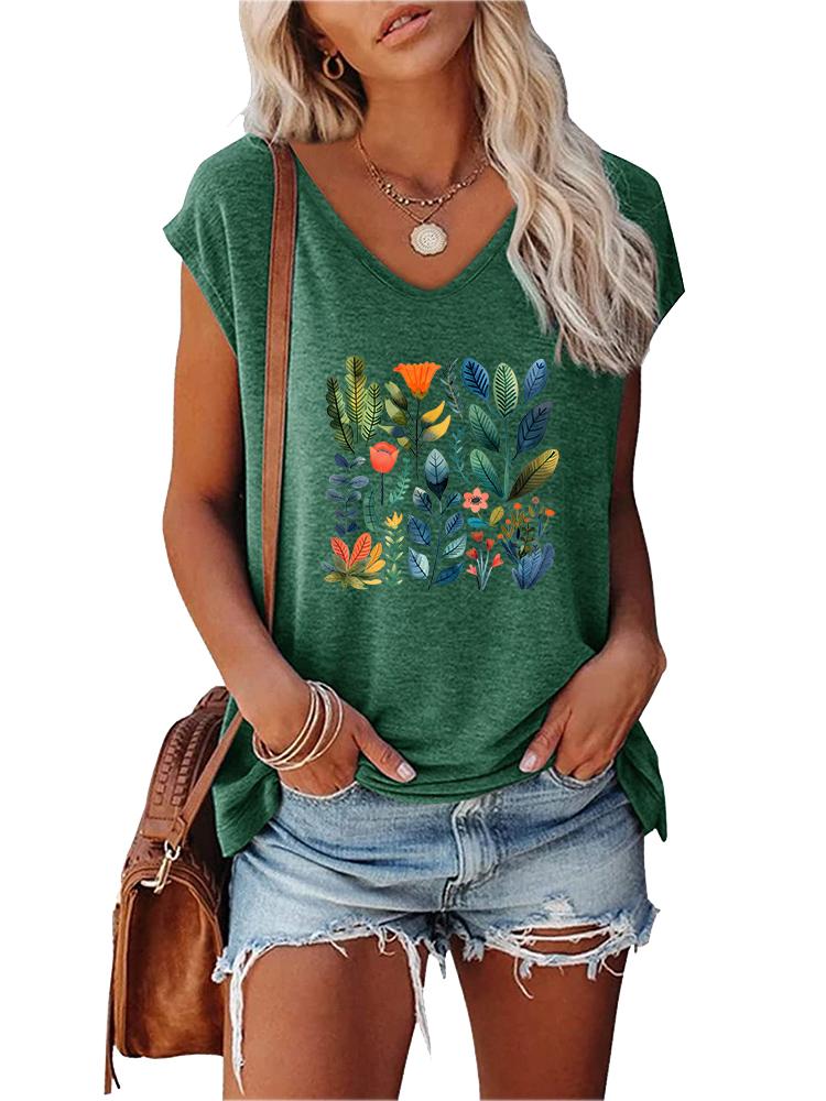 Women Fashion V Collar Short Sleeve Top Summer Casual Print T-shirt