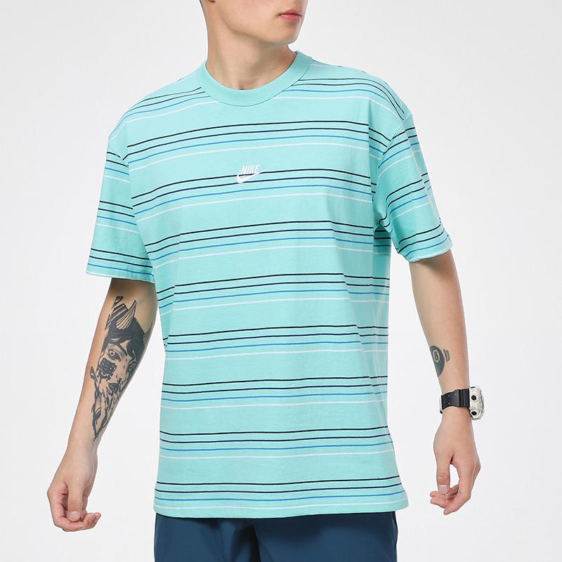 Nike Sportswear Embroidered Logo Striped Loose Knit Sports Short Sleeve T-Shirt Men Tops Blue Green DB6532-307