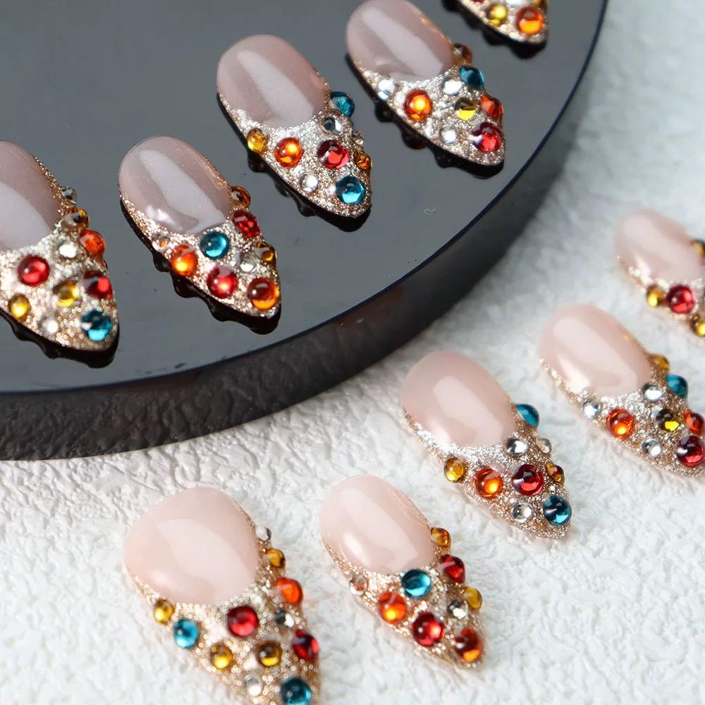 10pcs Luxury Short French Full Drill Handmade Fake Nails Elegant Lady Press On Nails