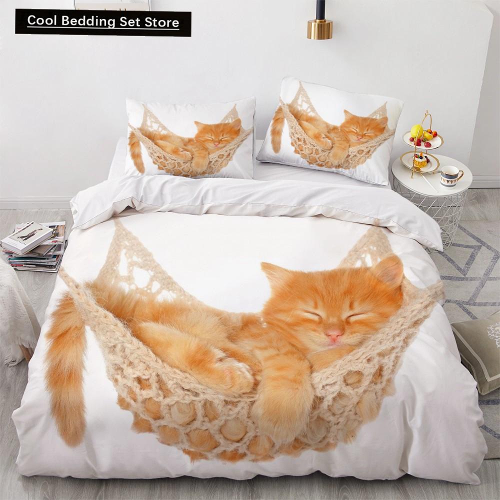 3D Cat King Queen Duvet Cover Lovely Grey White Kitty Bedding Set for Kids Teens Adults Scottish Fold Soft 2/3pcs Quilt Cover