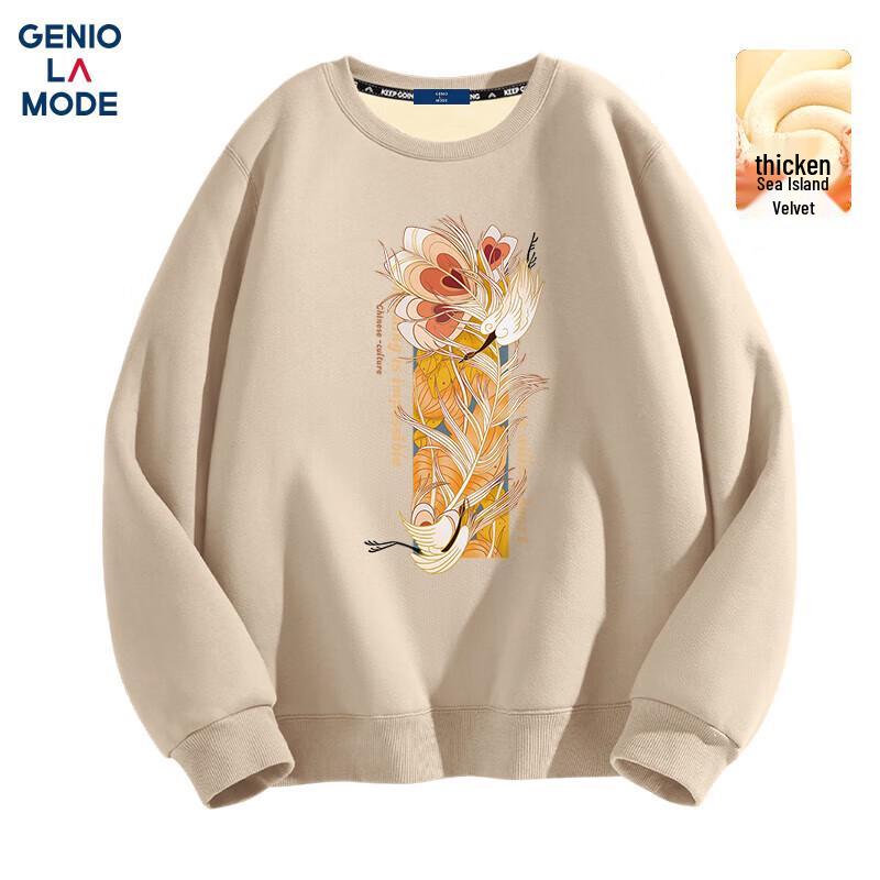 GENIOLAMODE Men's Fleece-Lined Crane Graphic Crewneck Sweatshirt