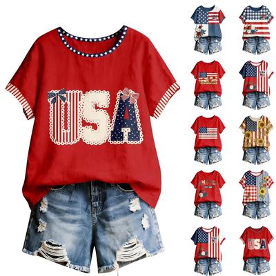 Women's American Floral Patchwork Print Casual T-Shirt 250Th Anniversary USA Shirt Patriotic Tshirt