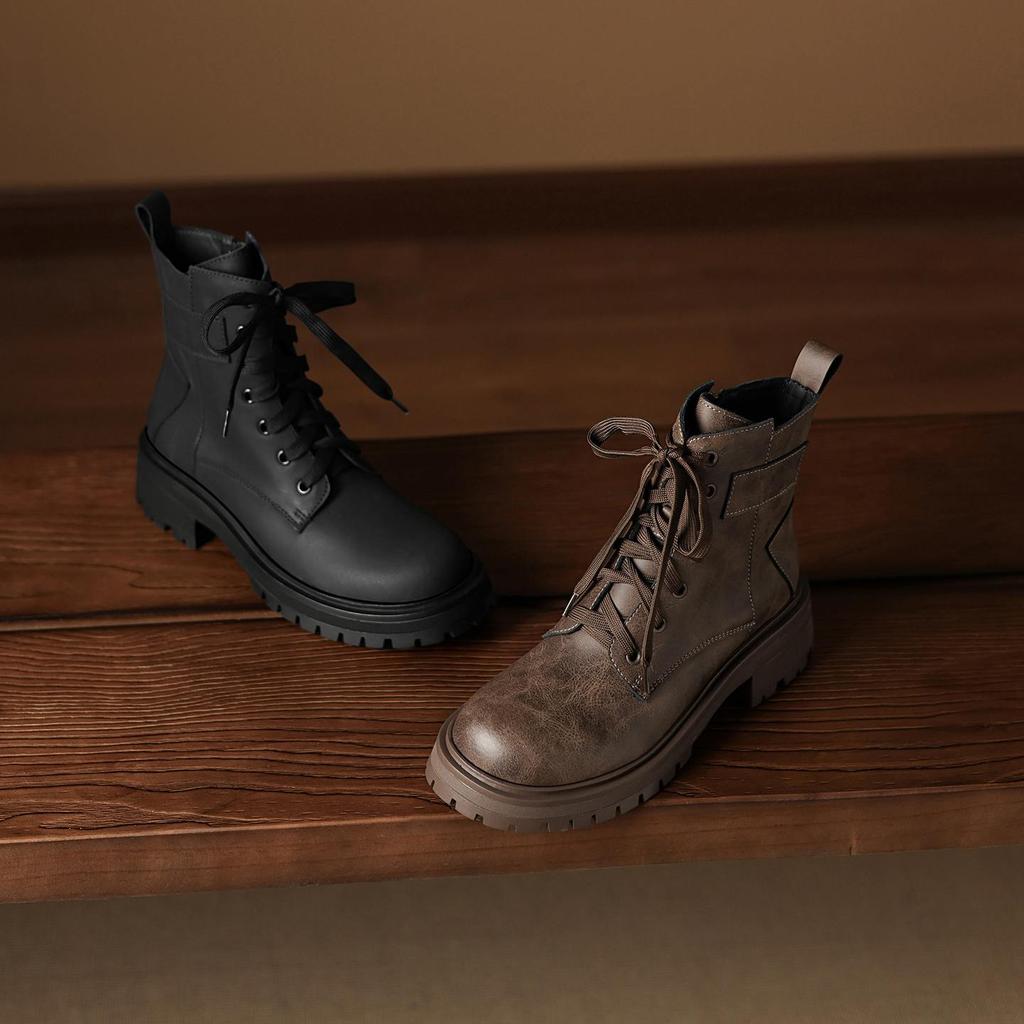 Krazing Pot Cow Skin Winter Round Toe Western Boots Med Heels Lace Up Women British School Ankle Boots