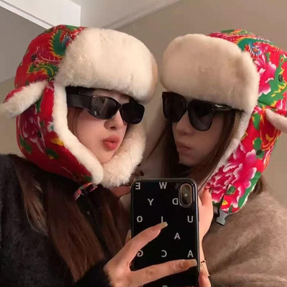 Fashion Winter Warm Ear Protection Hat Flower Cloth Retro Ethnic Style Lei Feng Hat Thickened Cold Hat For Women