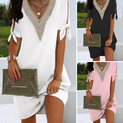 Women Dress Solid Color V-Neck Bow-knot Design Hollow Sleeve Loose-fitting Dress-up Cotton Blend Summer Casual Lady Office Mini Dress for Women