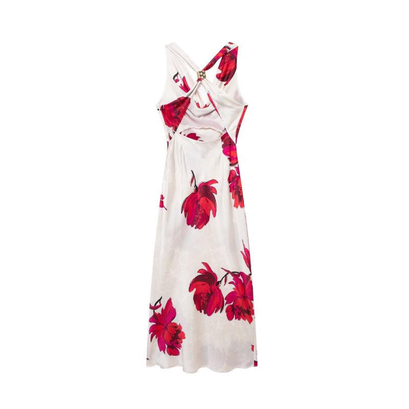 Summer European & American Women's Silk Satin Print Midi Dress
