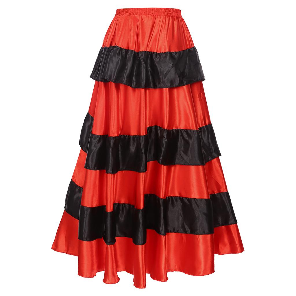 Womens Flamenco Dance Skirt Tiered Ruffles Wide Hemline Ballroom Dancing Skirt Carnival Stage Performance Costume