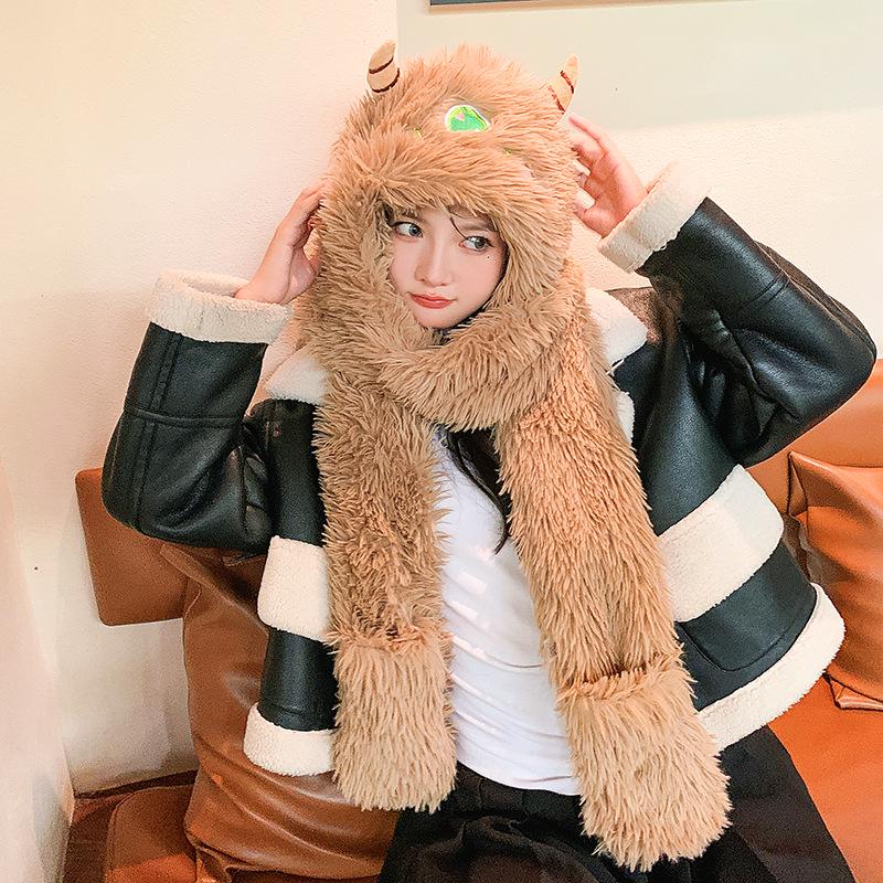 Cartoon Welpen Plüschmütze mit Schal und Handschuhen Set - Langohr-Design