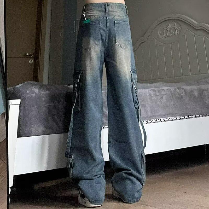 2024 American Style Women's Denim Overalls: High Street Multi-Pocket Wide Leg Retro Jeans for Autumn