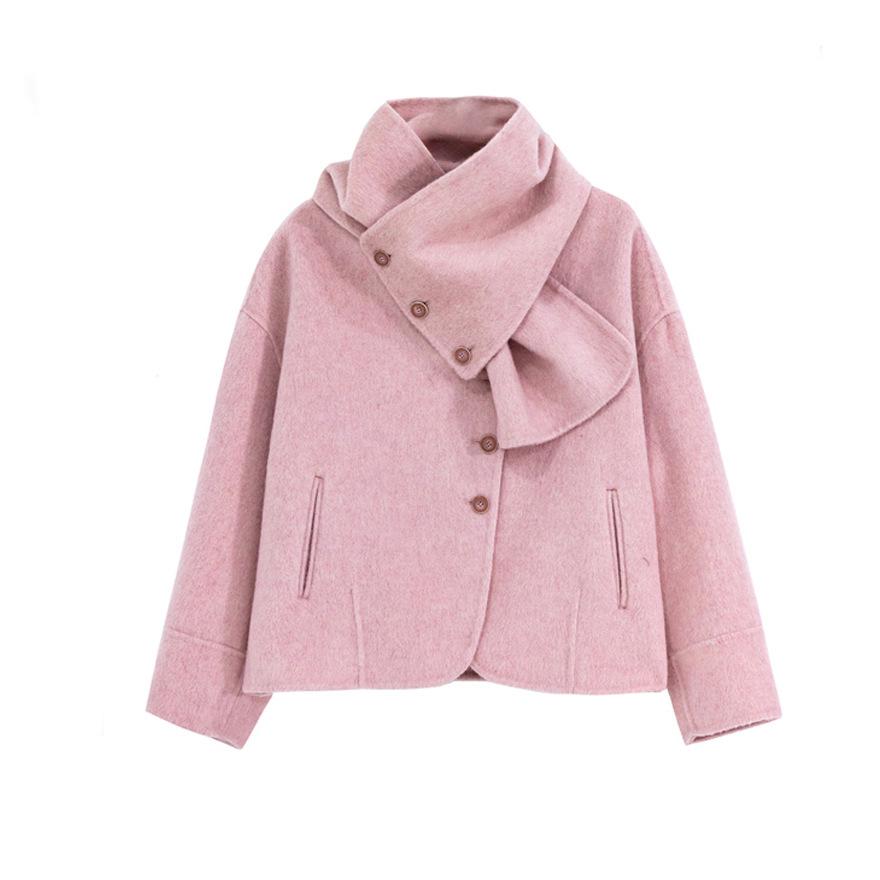Pink double-sided wool coat women's short autumn and winter temperament sweet design scarf wool coat